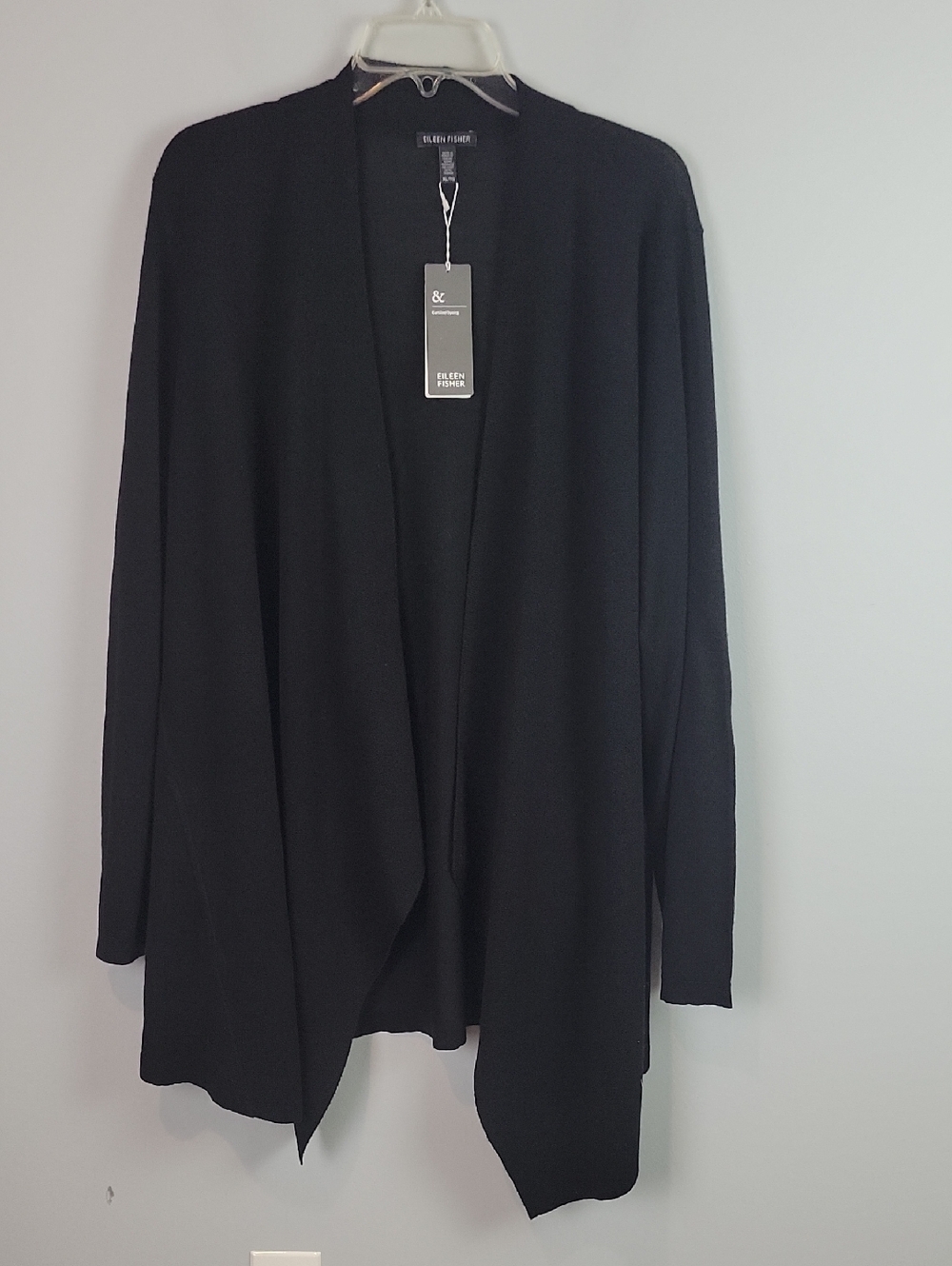 Eileen Fisher black cascading cardi merino wool XL